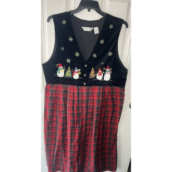 VTG CHRISTMAS DRESS holiday VELVET Woman Plaid SNOWman Size 20W Plus Size - Picture 1 of 6